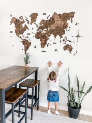 Premium 3D Wooden World Map Dark Walnut