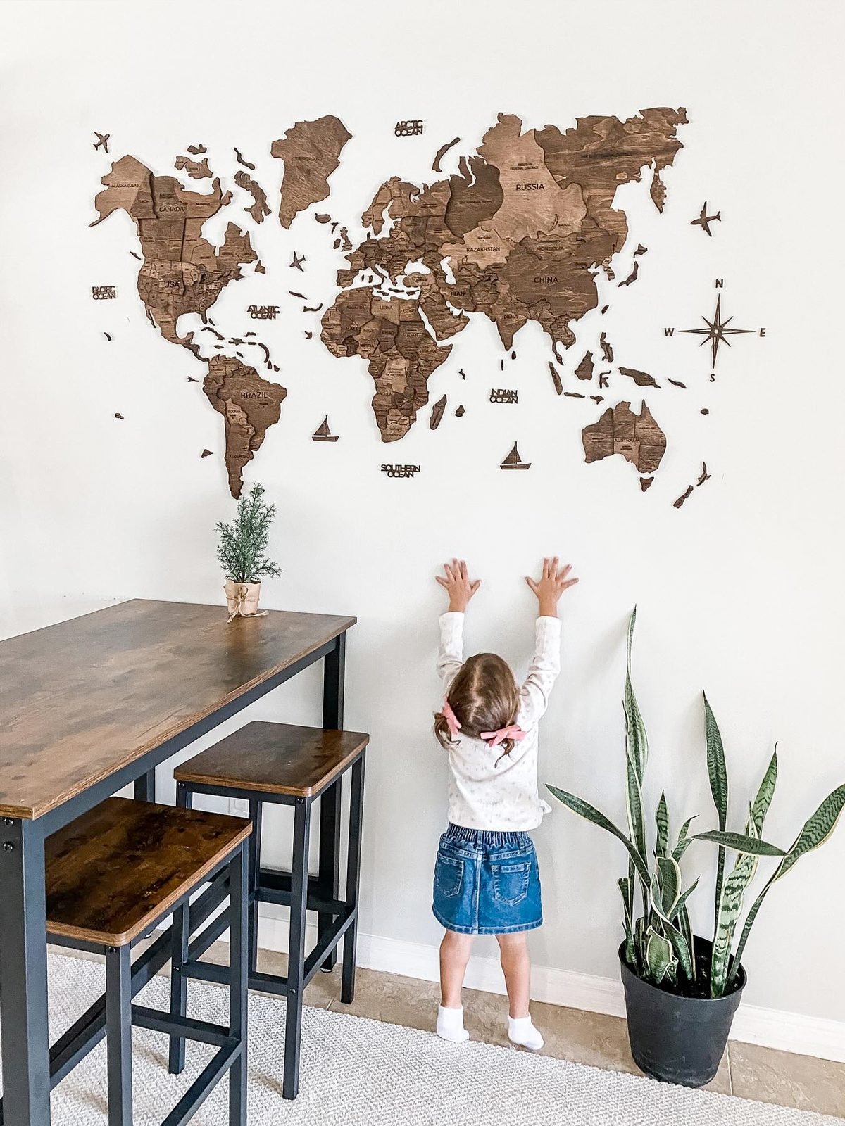 Premium 3D Wooden World Map Dark Walnut
