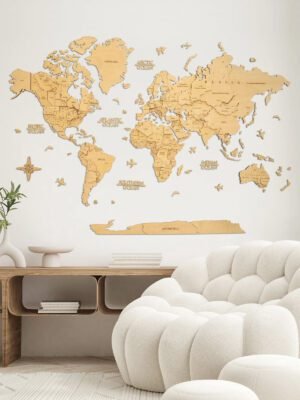 Premium Luxury 3D Wooden World Map Light Oak