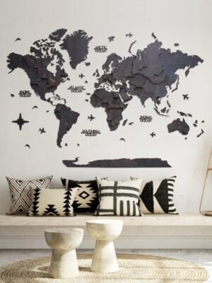 Premium Luxury 3D Wooden World Map Obsidian