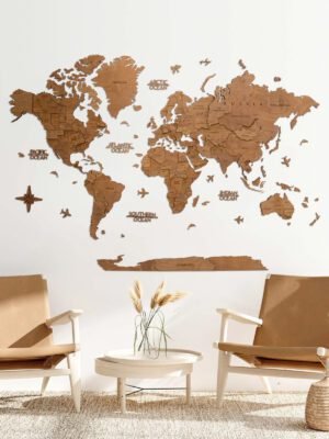 Premium Luxury 3D Wooden World Map Walnut